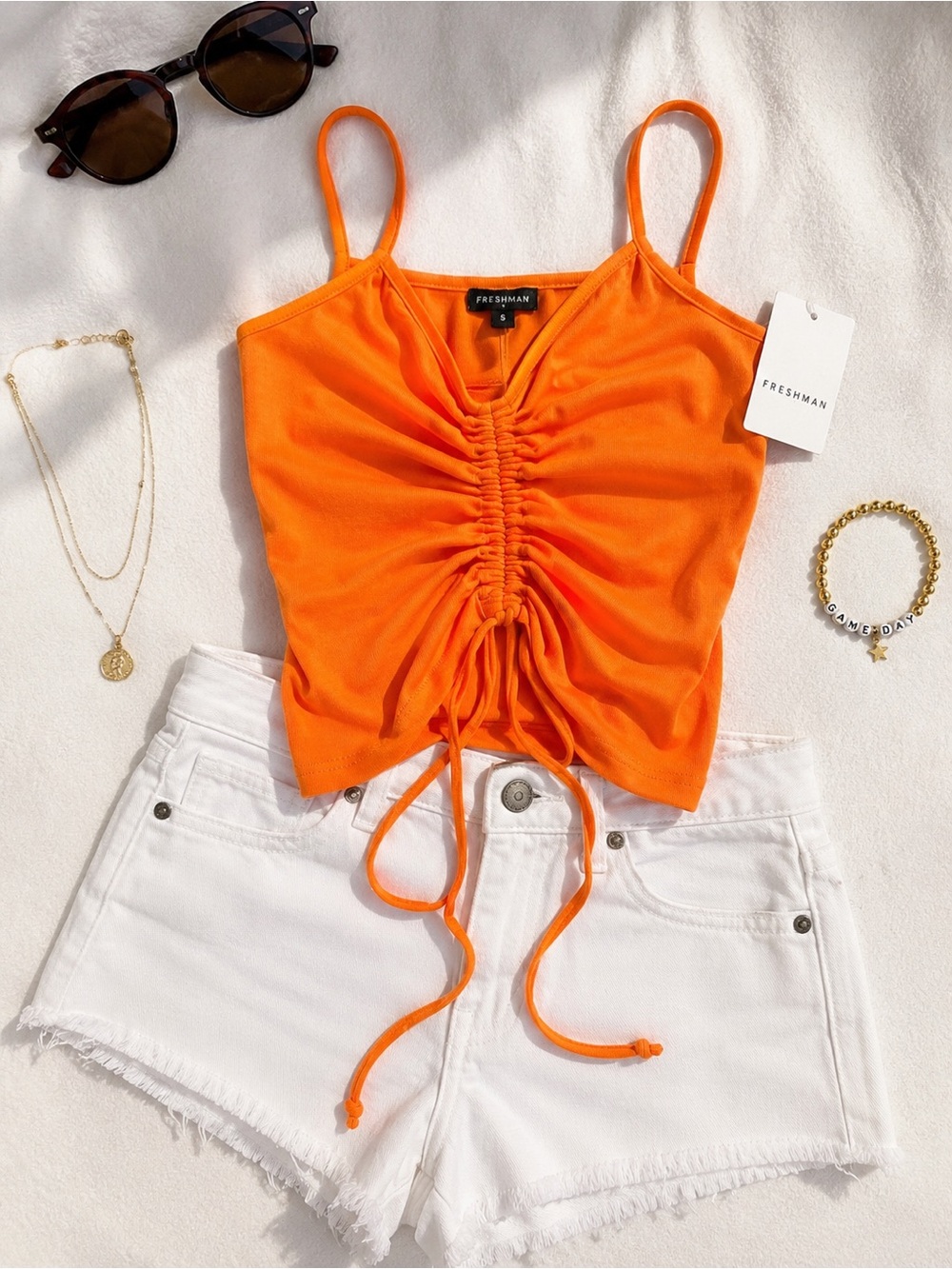 NWT Freshman Orange Ruched Tie Front Tank Top S